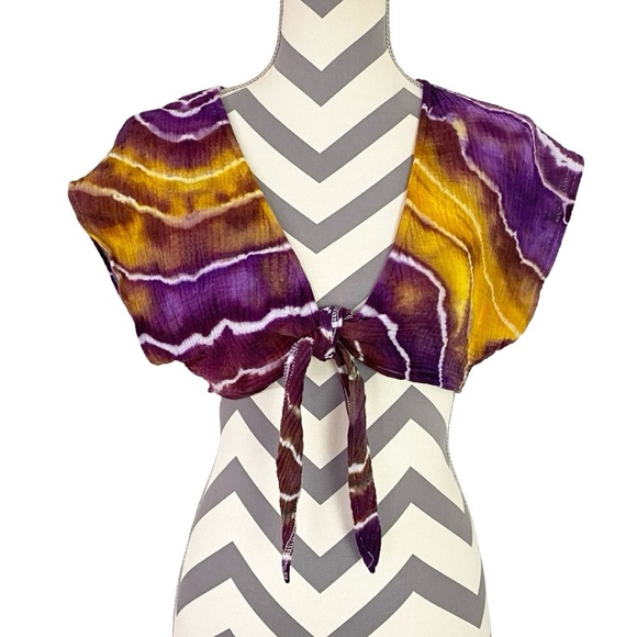 Handmade Tie Dye Wrap Crop Top Shirt Womens Size Small Crepe Texture Purple - Picture 1 of 8